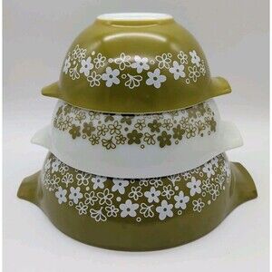 3 PYREX CRAZY DAISY Spring Blossom GREEN CINDERELLA Mixing Nest BOWLS